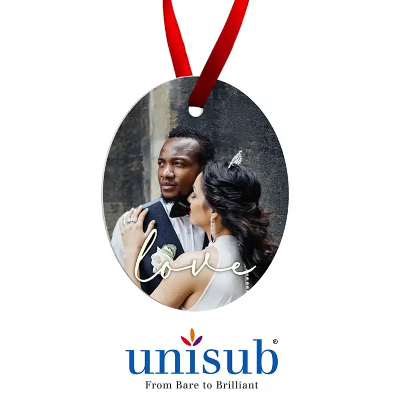 Unisub Sublimation Blank Aluminum Ornament - 2.375" x 3" Oval Portrait w/Ribbon