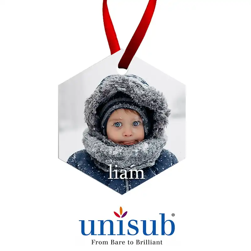 Unisub Sublimation Blank Aluminum Ornament - 2.6" x 3" Hexagon w/Ribbon