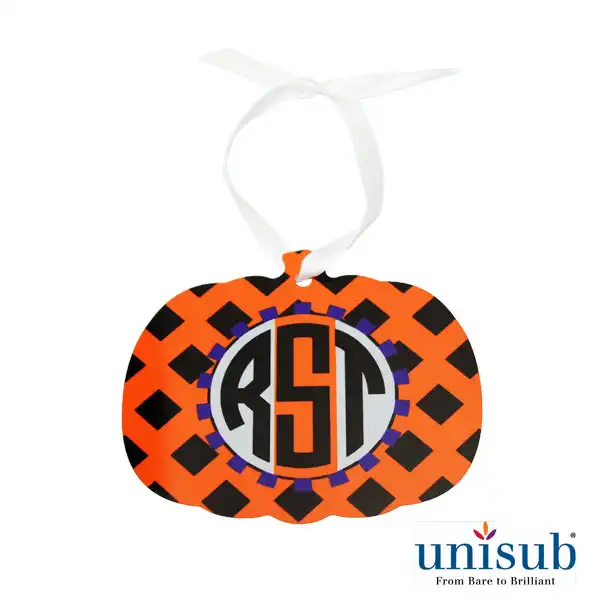 Unisub Sublimation Blank Aluminum Ornament - 3.45" x 3.95" Pumpkin w/Ribbon