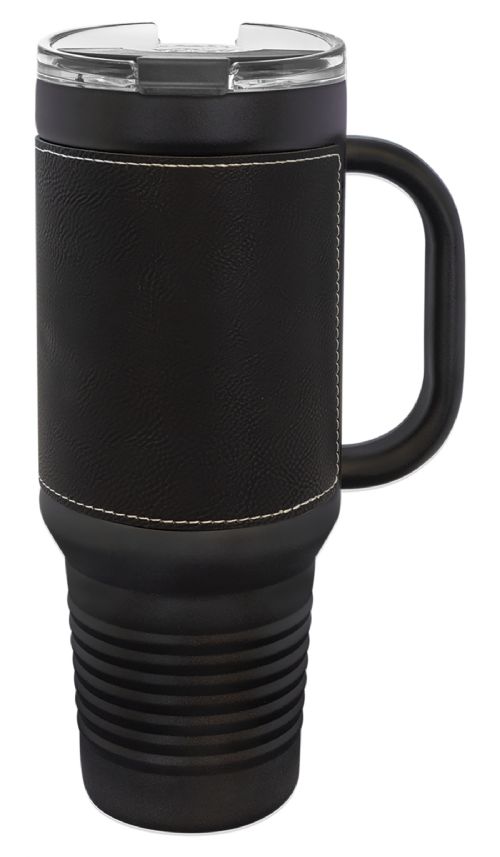 Black 40oz Polar Camel Vacuum Insulated Travel Mug with Black/Silver Leatherette Grip and Straw