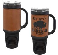 Black 40oz Polar Camel Vacuum Insulated Travel Mug with Rawhide/Black Leatherette Grip and Straw