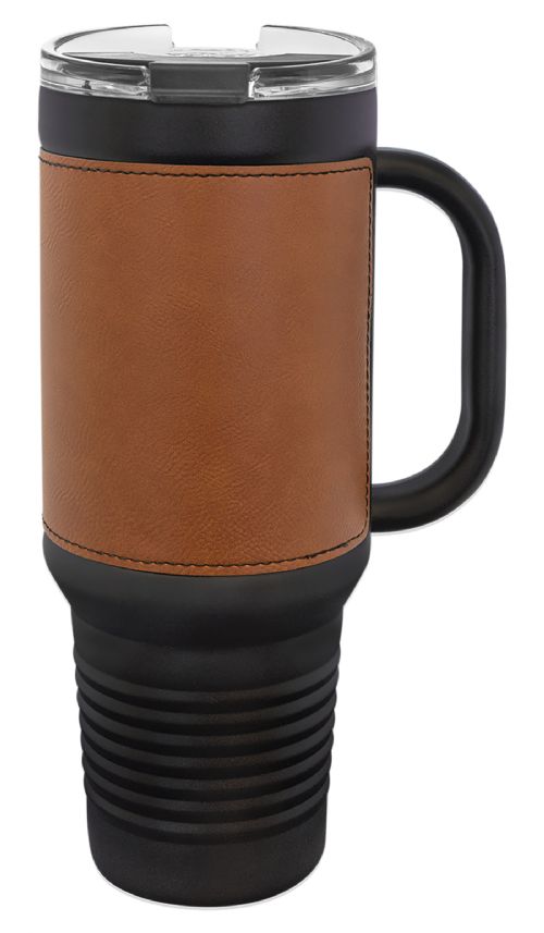 Black 40oz Polar Camel Vacuum Insulated Travel Mug with Rawhide/Black Leatherette Grip and Straw