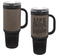 Black 40oz Polar Camel Vacuum Insulated Travel Mug with Gray/Black Leatherette Grip and Straw