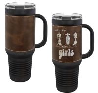 Black 40oz Polar Camel Vacuum Insulated Travel Mug with Rustic/Silver Leatherette Grip and Straw