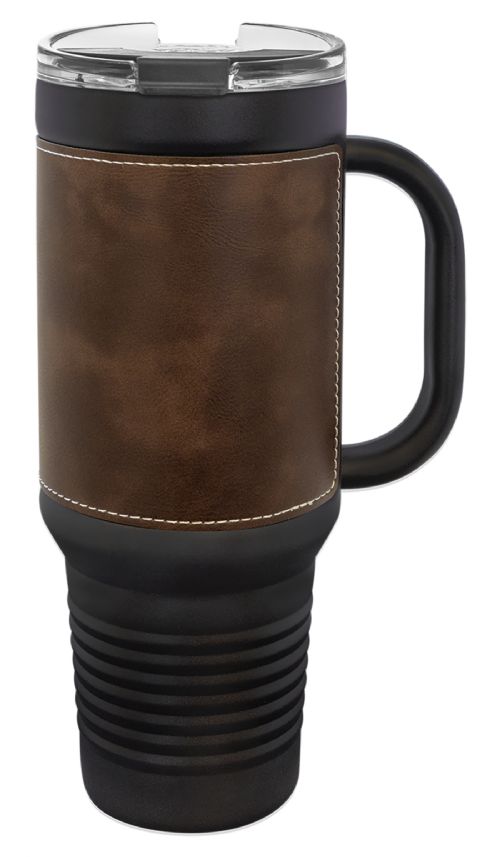 Black 40oz Polar Camel Vacuum Insulated Travel Mug with Rustic/Silver Leatherette Grip and Straw