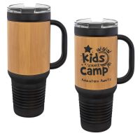 Black 40oz Polar Camel Vacuum Insulated Travel Mug with Bamboo/Black Leatherette Grip and Straw