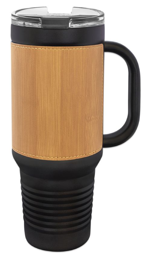 Black 40oz Polar Camel Vacuum Insulated Travel Mug with Bamboo/Black Leatherette Grip and Straw