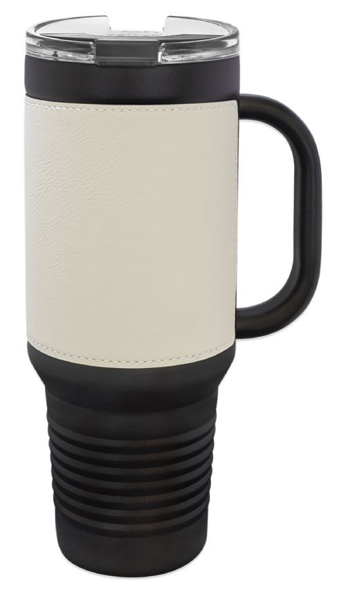 Black 40oz Polar Camel Vacuum Insulated Travel Mug with White/Black Leatherette Grip and Straw