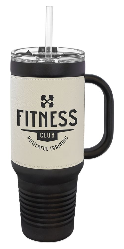 Black 40oz Polar Camel Vacuum Insulated Travel Mug with White/Black Leatherette Grip and Straw #2