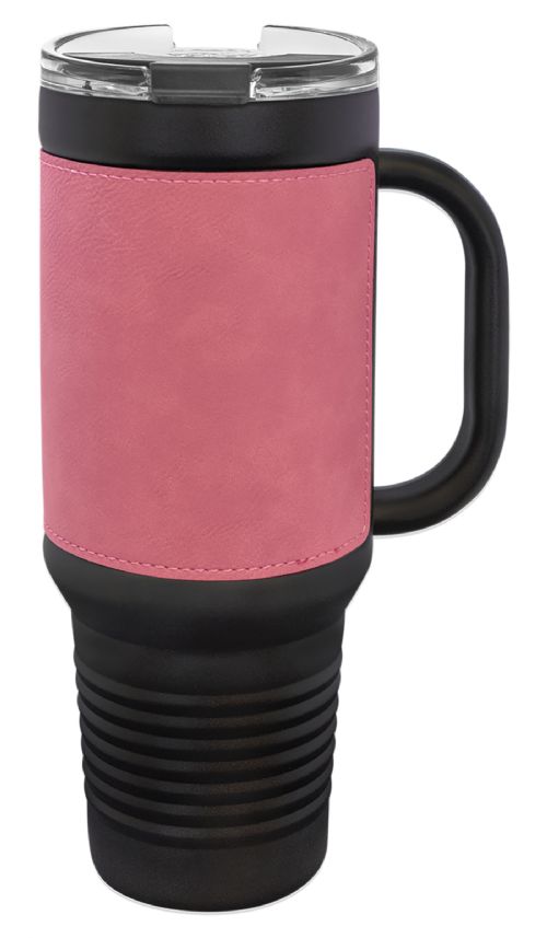 Black 40oz Polar Camel Vacuum Insulated Travel Mug with Pink/Black Leatherette Grip and Straw